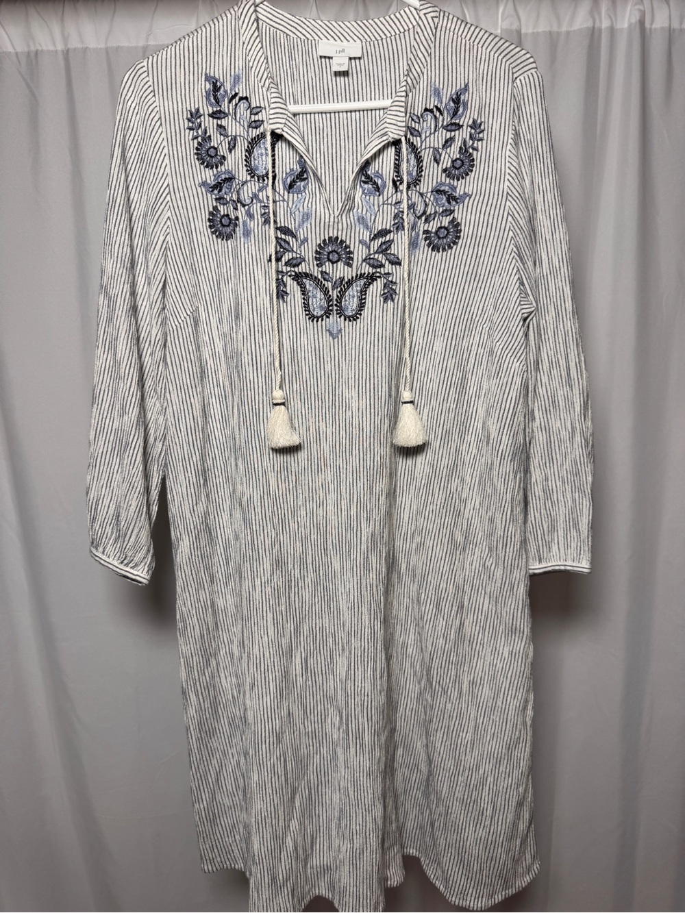 J. Jill Women's Ocean Breeze Embroidered Tassel Tie Blue Striped Boho Small
